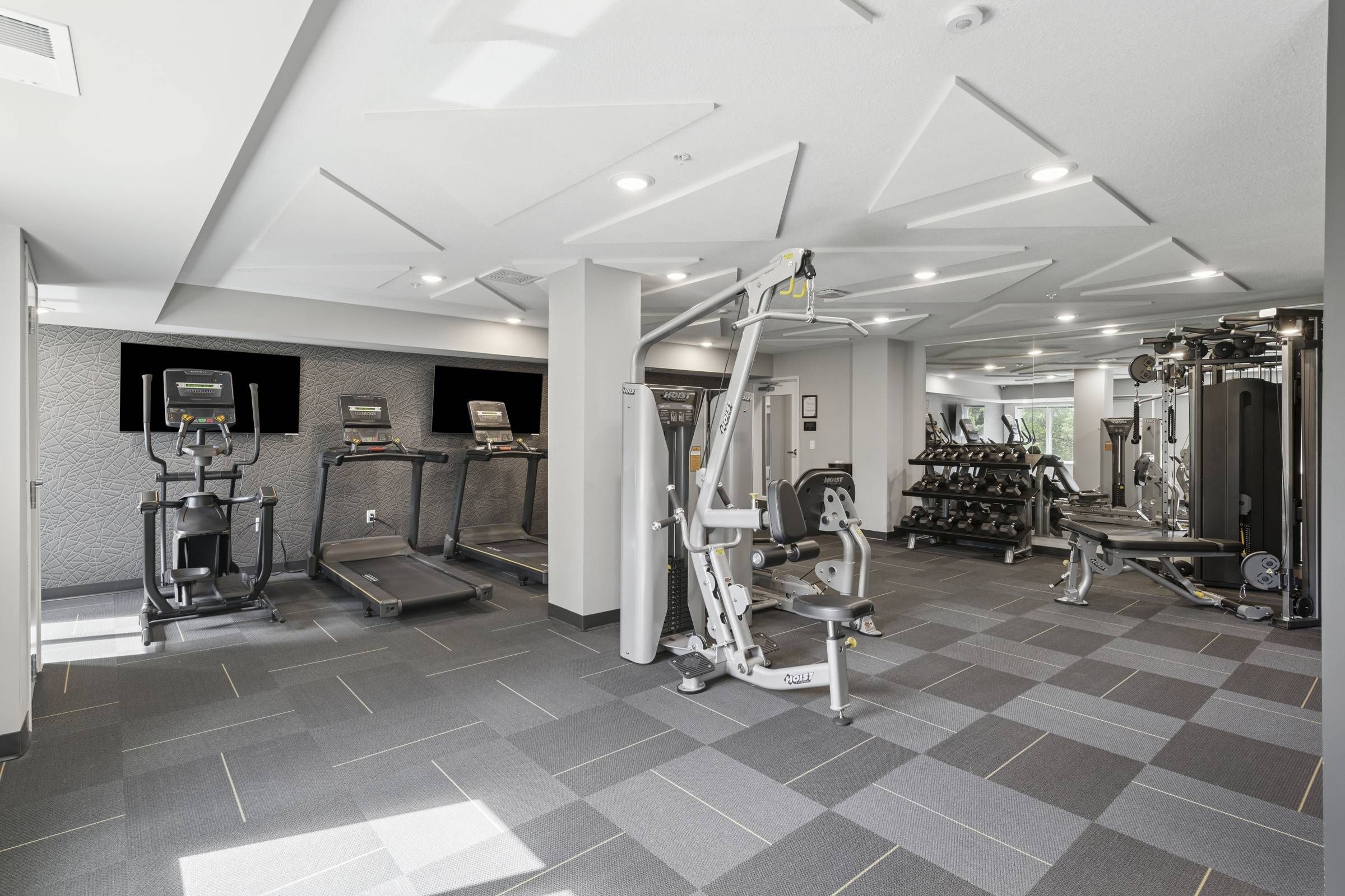 Modern gym with treadmills, ellipticals, weight machines, and free weights on gray patterned flooring.