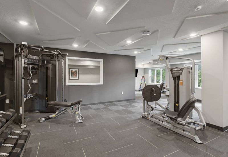 Modern gym with weight machines, bench, dumbbells, large mirrors, and bright overhead lighting.