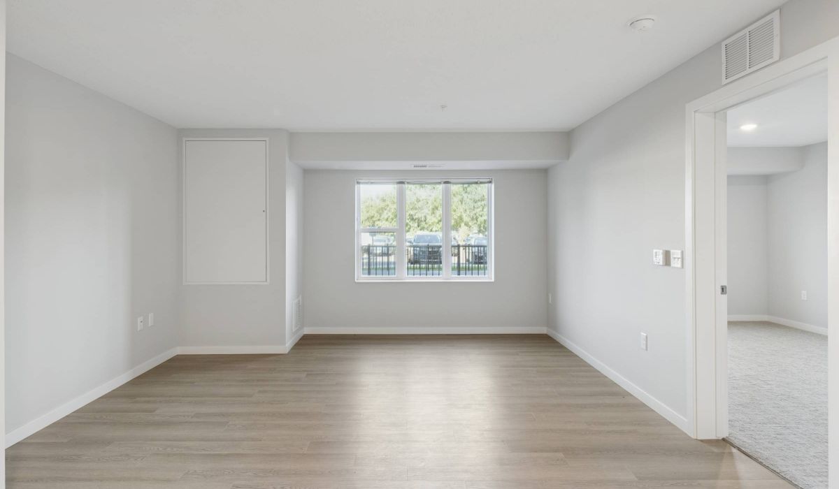 Apartment room with light wood flooring, grey walls, and two windows letting in natural light.
