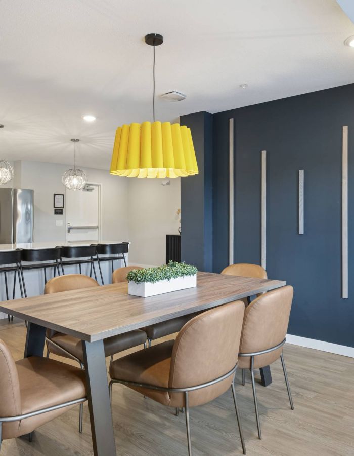 Modern dining and kitchen area with brown chairs, a wooden table, and a yellow pendant light.