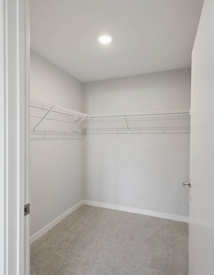 Empty walk-in closet with beige carpet, white walls, open door, and wire shelving along the walls.